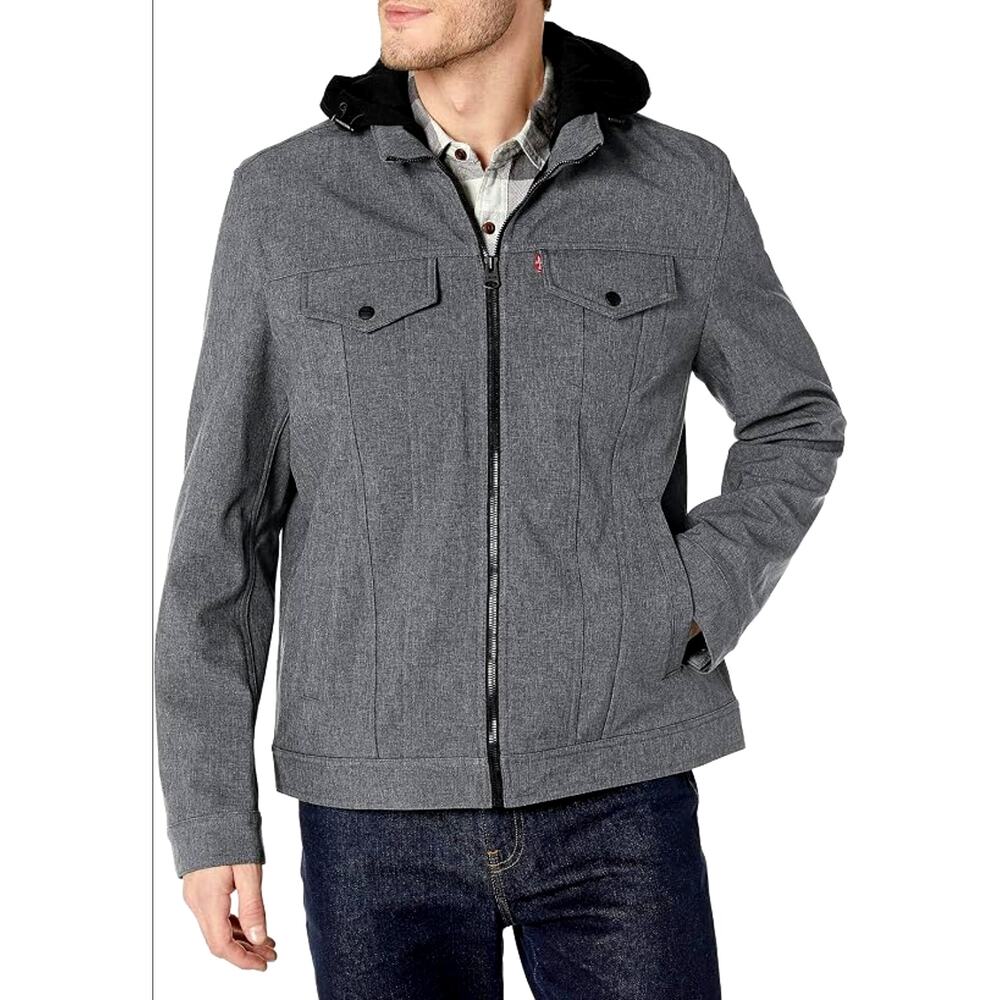 Levi's Mens XL Softshell Hooded Trucker Jacket $160 Water Resistant Gray Black